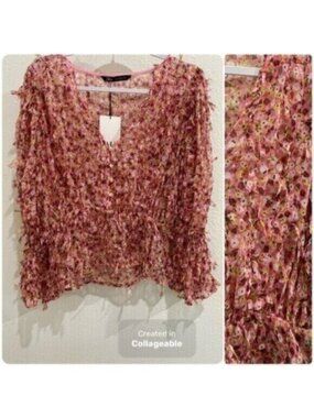 New Zara Feminine Fringe Top Puff Sleeve Colorful  Artsy Coquette V Neck